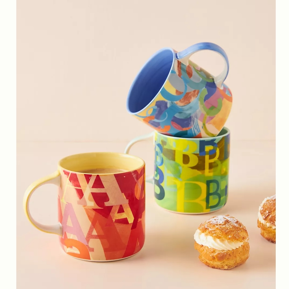 Anthropologie Lottie Green, Yellow, Brown & Blue Ceramic "E" Initial Mug
